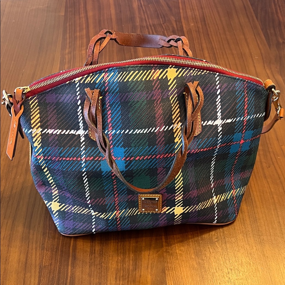 Dooney & Bourke Multicolor Plaid Large Shoulder Bag with Tan Leather Trim